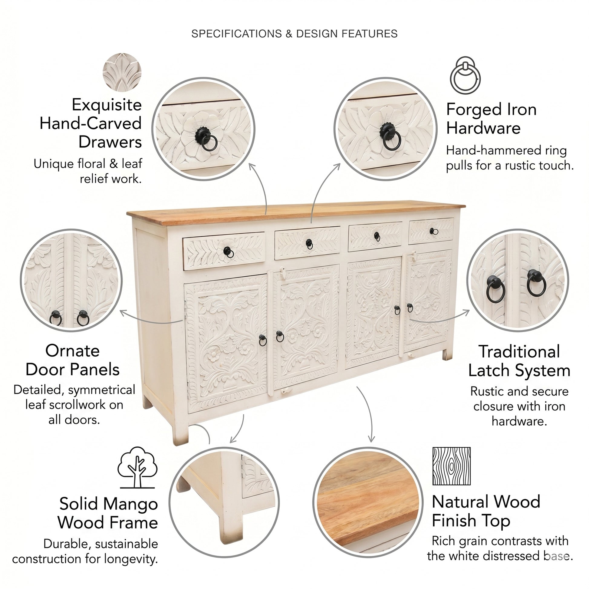 Elysia White Hand-Carved Sideboard cabinet – 4 Door 4 Drawer Storage Console