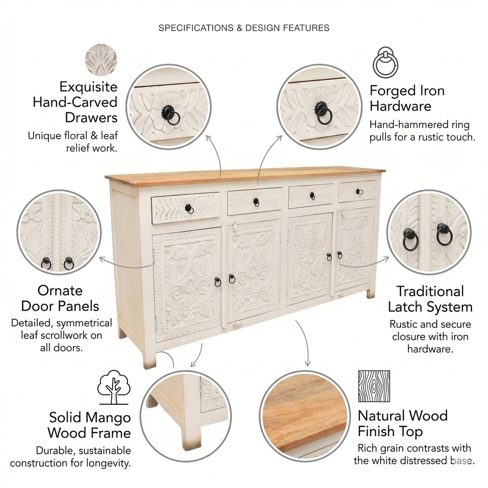 Elysia White Hand-Carved Sideboard cabinet – 4 Door 4 Drawer Storage Console