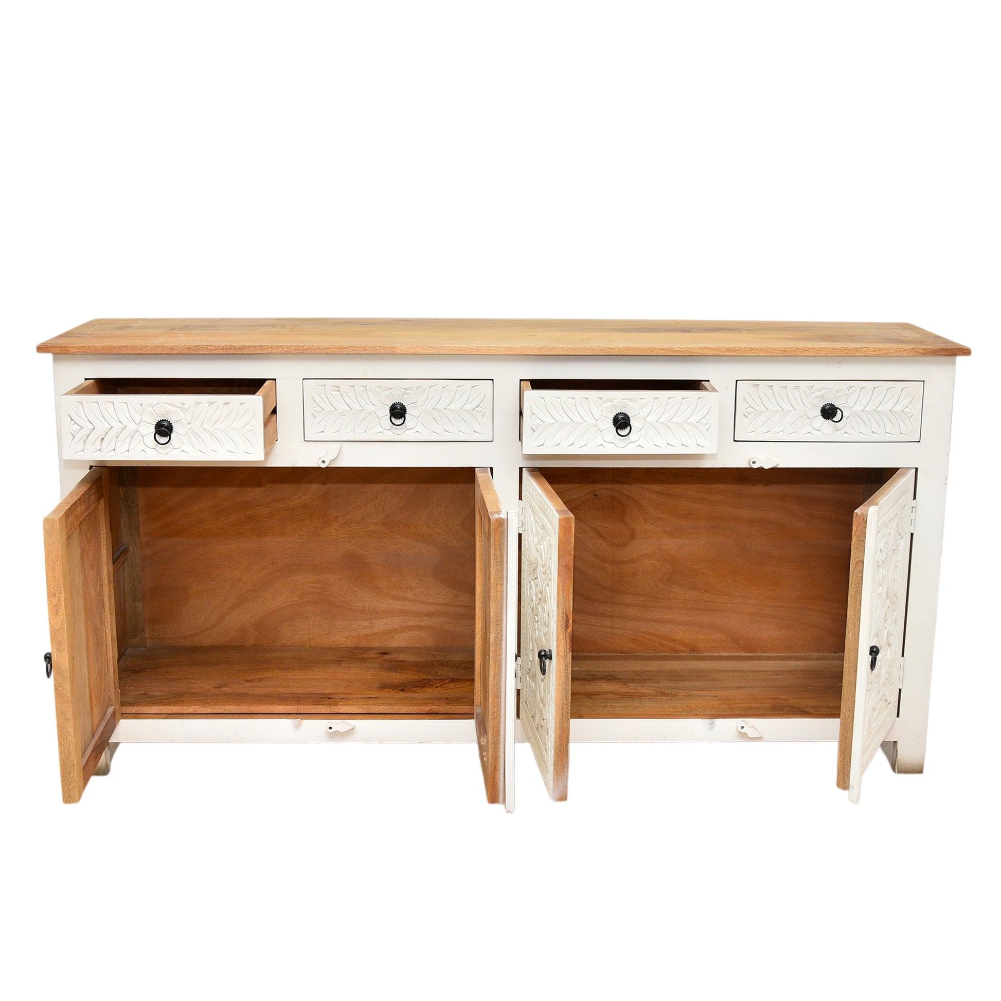 Elysia White Hand-Carved Sideboard cabinet – 4 Door 4 Drawer Storage Console