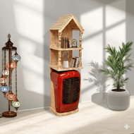 Decorative Vintage Red Tractor Cabinet with Wooden House Top