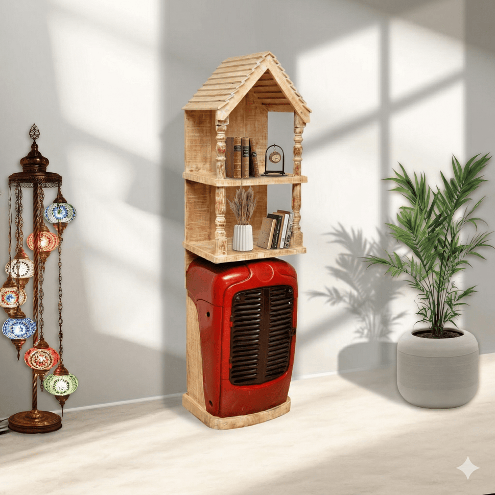 Decorative Vintage Red Tractor Cabinet with Wooden House Top