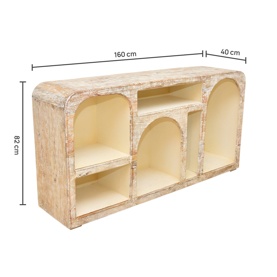 Luxury mango wood arch console table with open display shelves