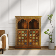 Exclusive Handcrafted Solid Wood Temple Cabinet with Mosaic Tile Art