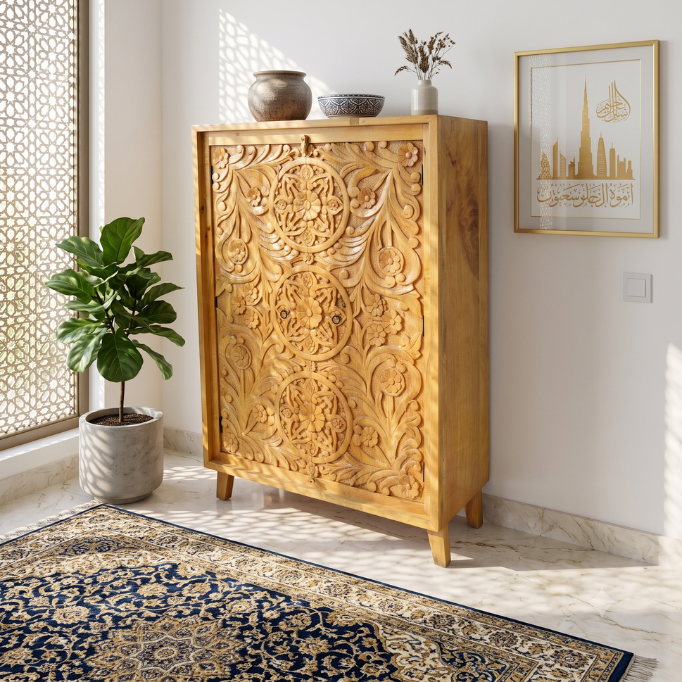 Elegant Hand Carved Mango Wood Accent Cabinet with natural wood finish
