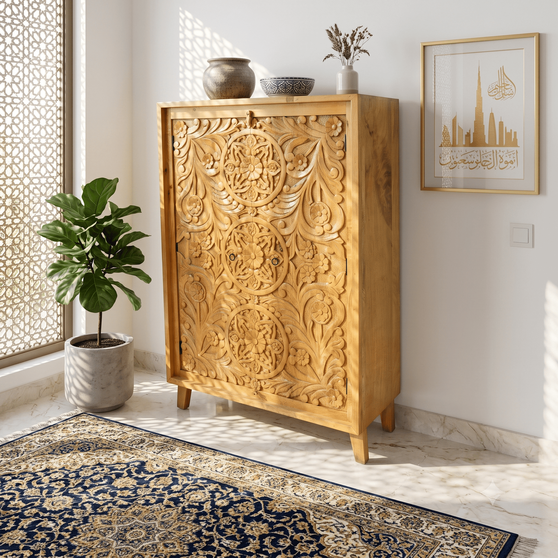 Elegant Hand Carved Mango Wood Accent Cabinet with natural wood finish