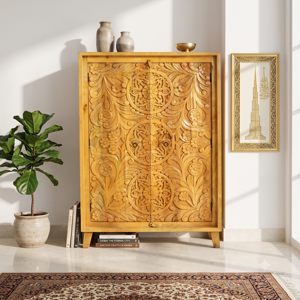 Elegant Hand Carved Mango Wood Accent Cabinet with natural wood finish