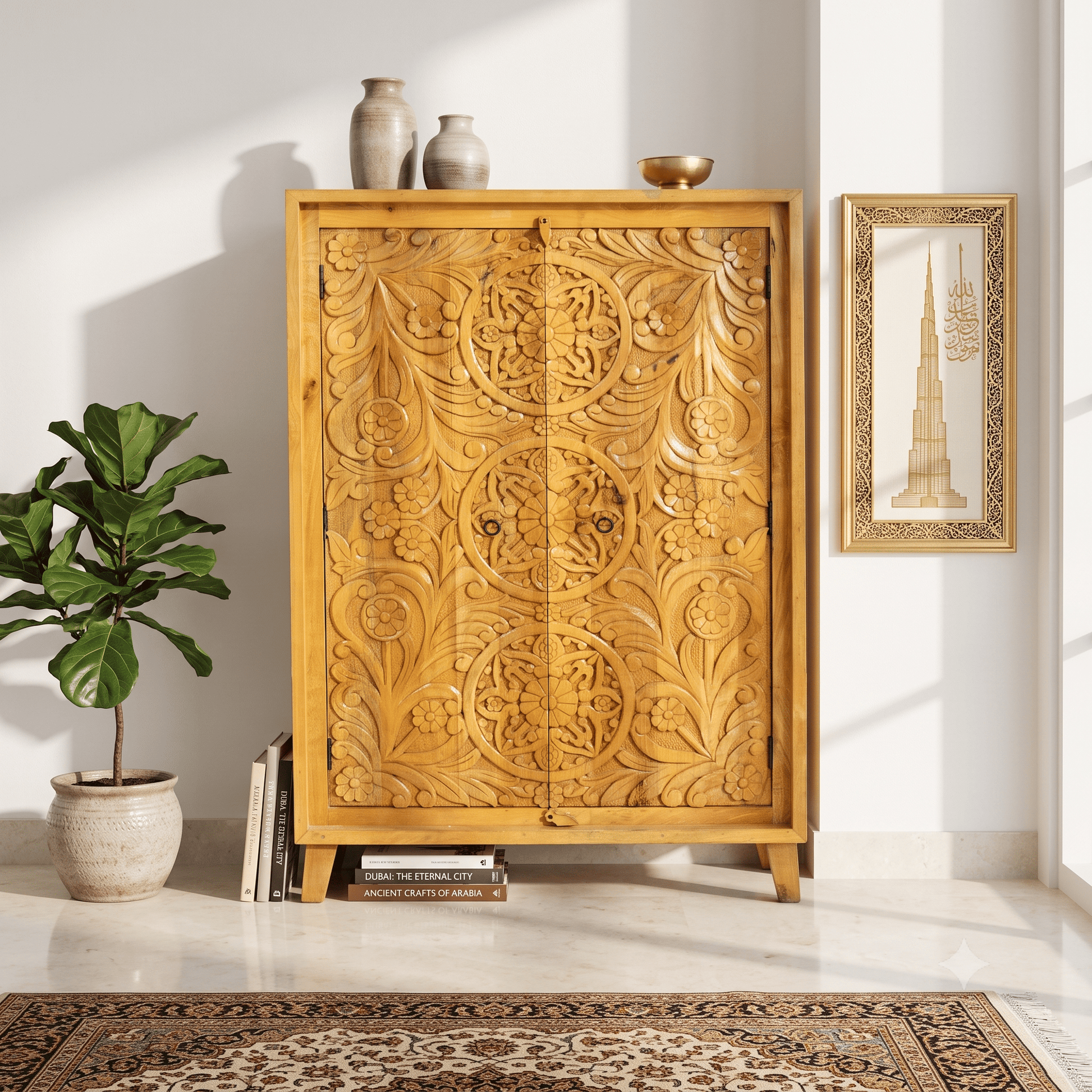 Elegant Hand Carved Mango Wood Accent Cabinet with natural wood finish