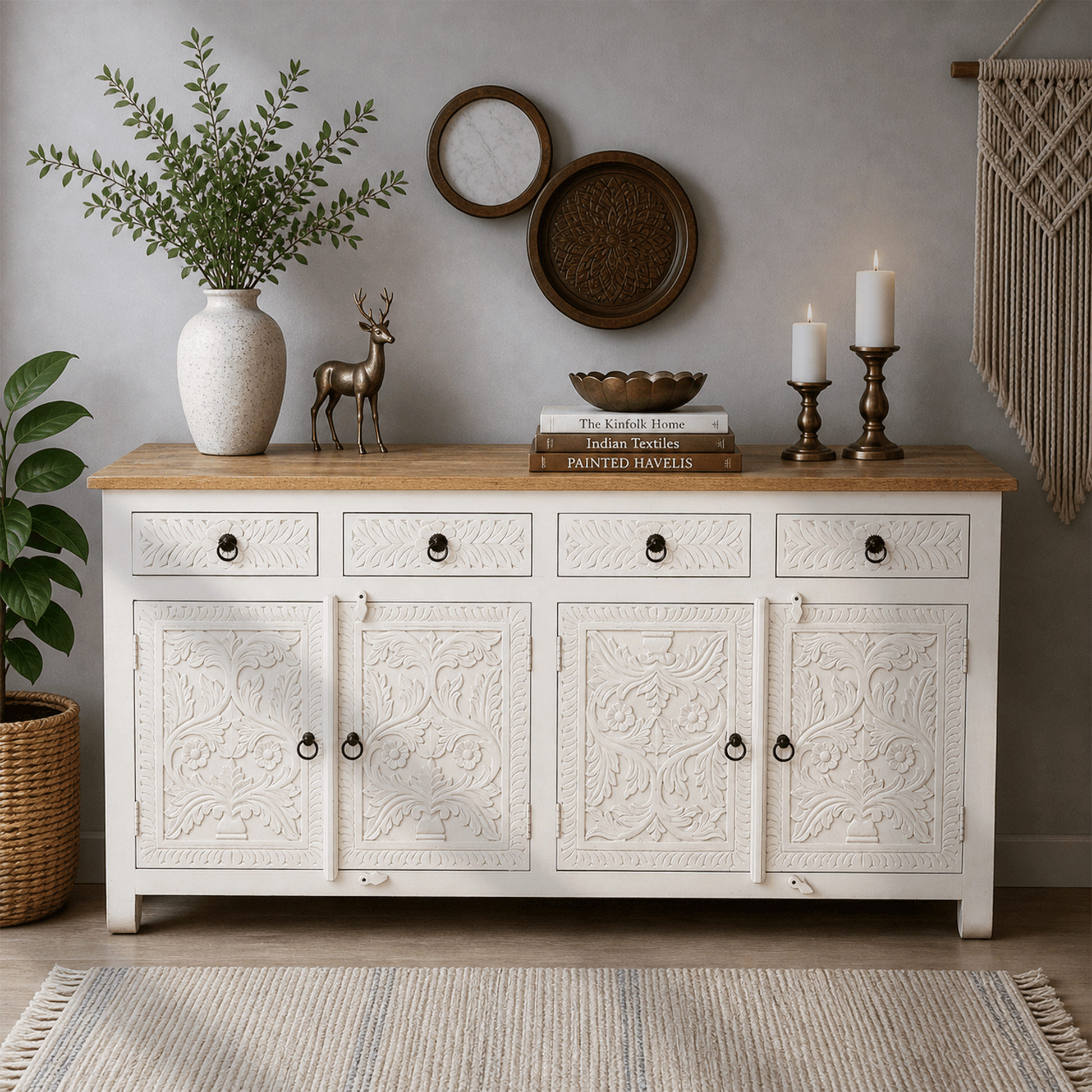 Elysia White Hand-Carved Sideboard cabinet – 4 Door 4 Drawer Storage Console