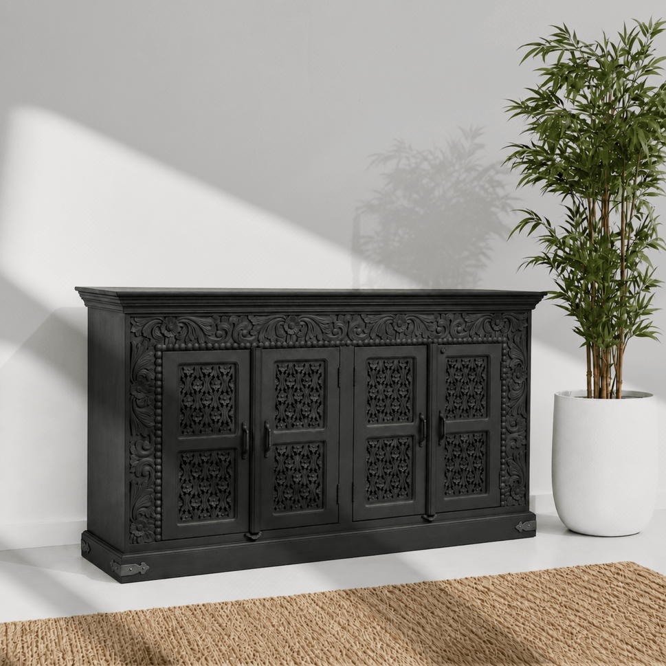 Vintage hand carved haveli solid wood black antique buffet cabinet