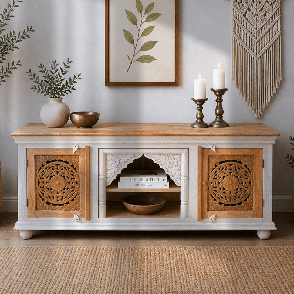 The Bohemia Hand Carved Mango Wood TV Unit | Rustic Blue UAE | Dubai