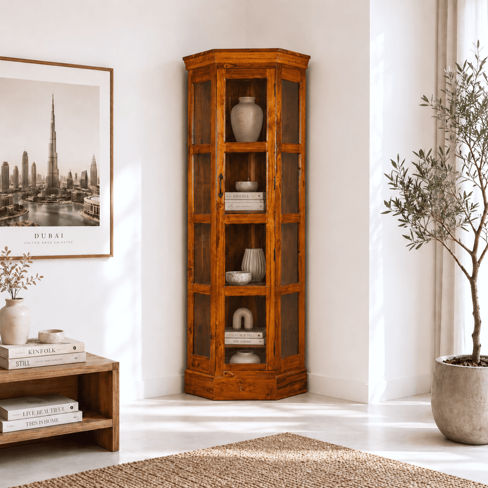 Opulent Solid Teak Wood Glass Display Cupboard with honey finish
