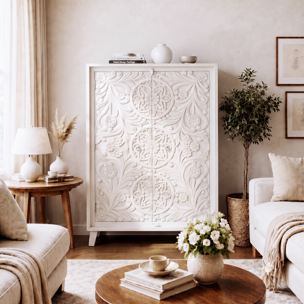 Elegant Hand Carved Mango Wood Accent Cabinet with natural wood finish