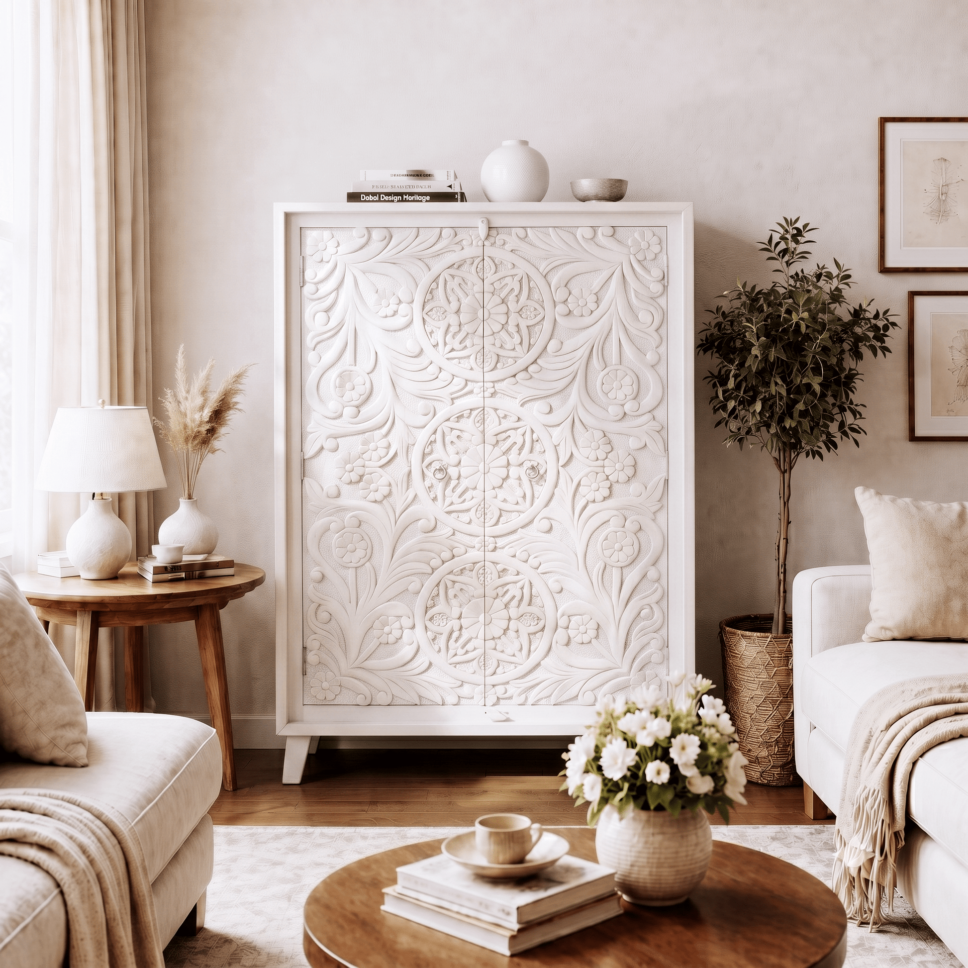 Elegant Hand Carved Mango Wood Accent Cabinet with natural wood finish
