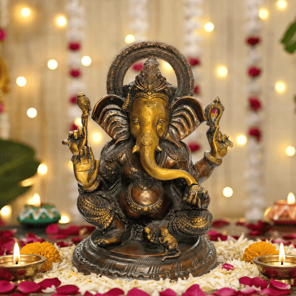 Royal Sitting Ganesha Idol With Antique Brass Finish