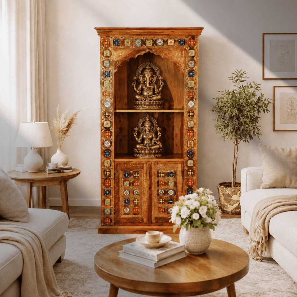 Luxury Sheesham Wood Prayer Shelf with Handcrafted Tiles & Storage