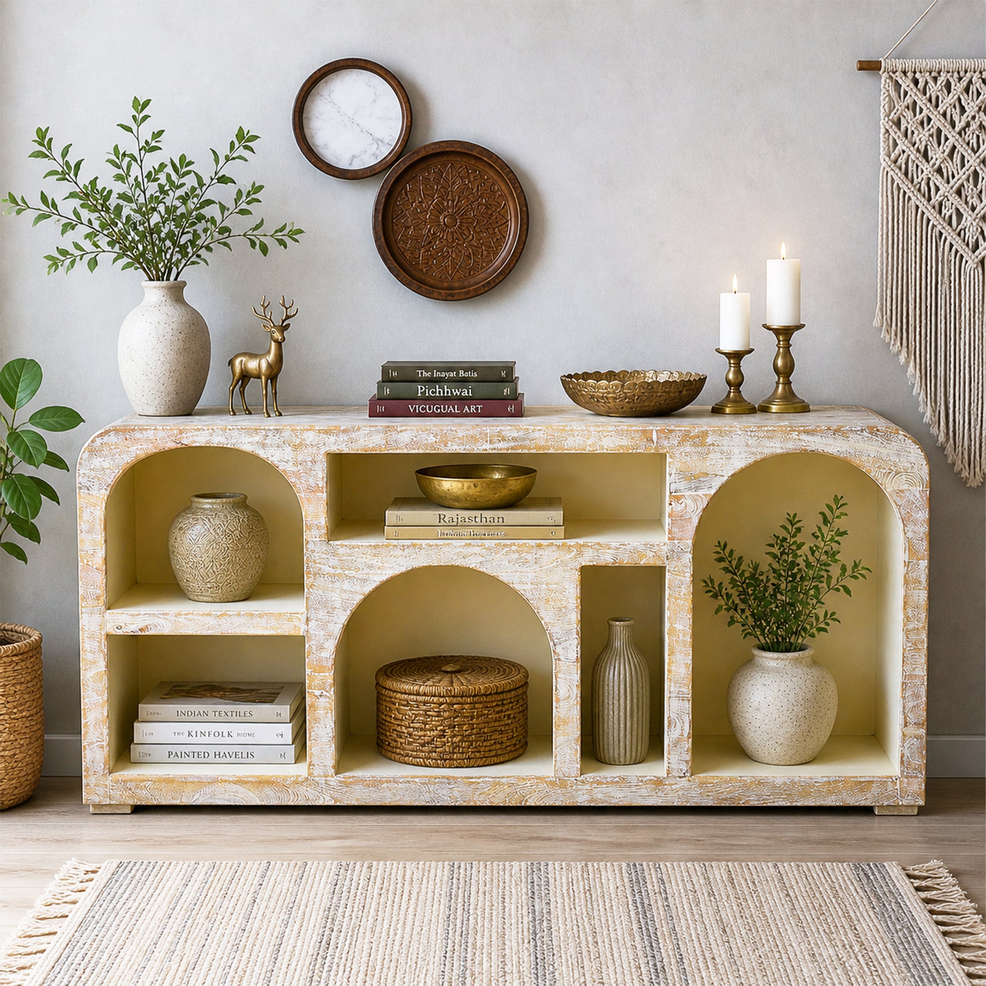 Luxury mango wood arch console table with open display shelves