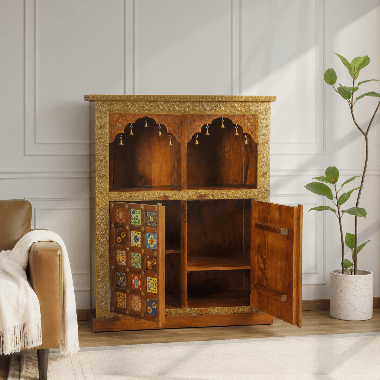 Exclusive Handcrafted Solid Wood Temple Cabinet with Mosaic Tile Art
