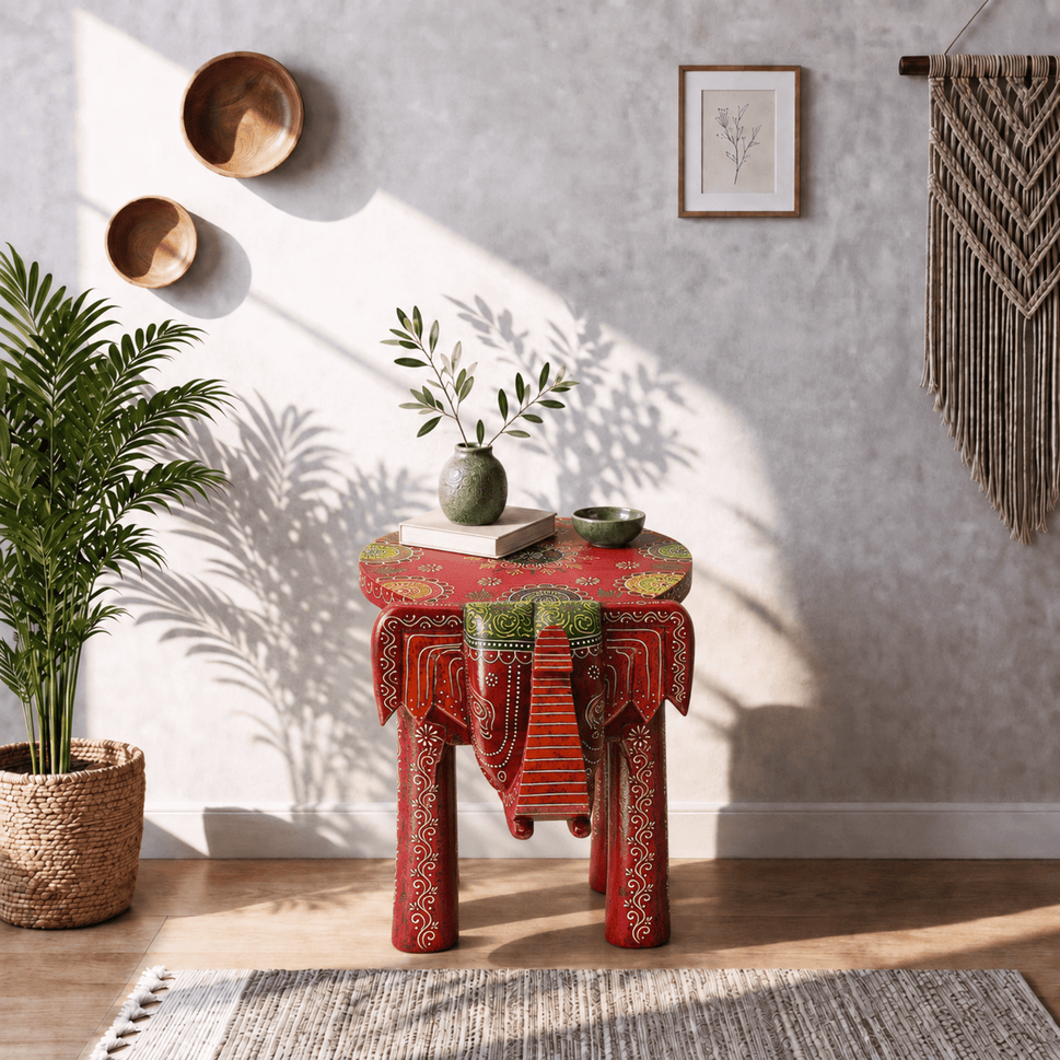 Traditional Elephant-Shaped Wooden Stool and Table