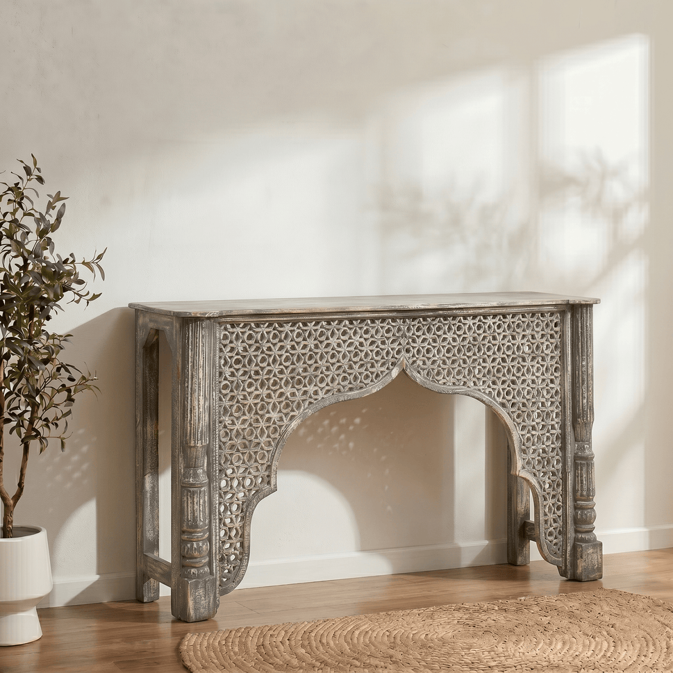 Rustic Carved Wooden Console Table with Moorish Arch Design