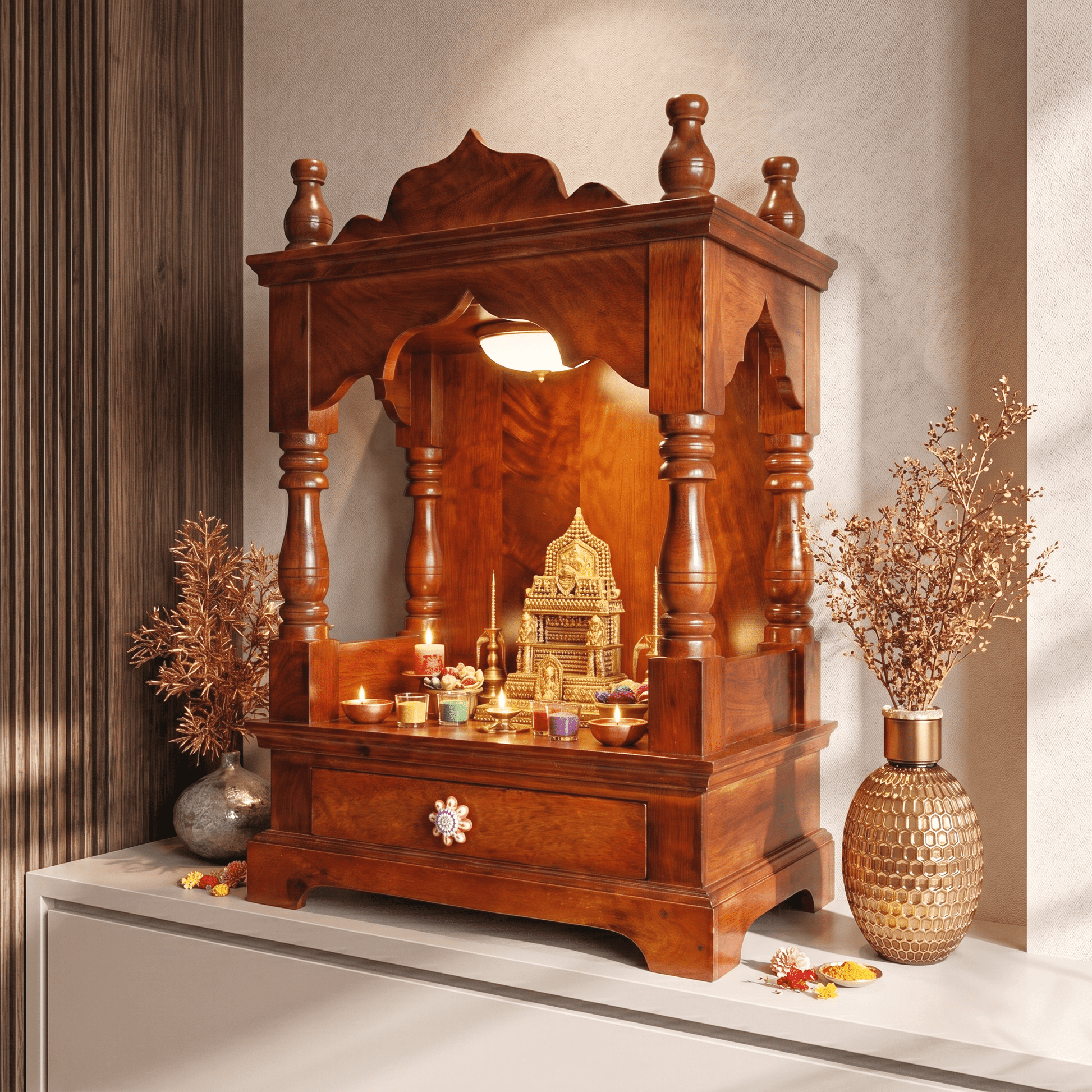 Divine Wooden Home Temple with Traditional Arch Design
