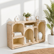 Luxury mango wood arch console table with open display shelves