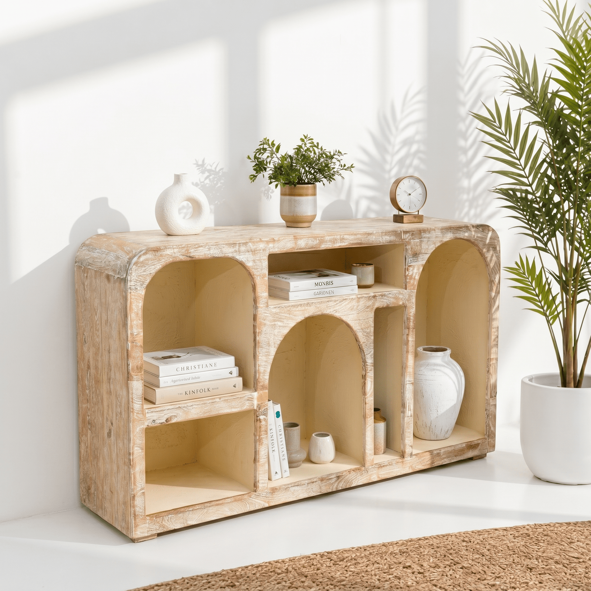 Luxury mango wood arch console table with open display shelves