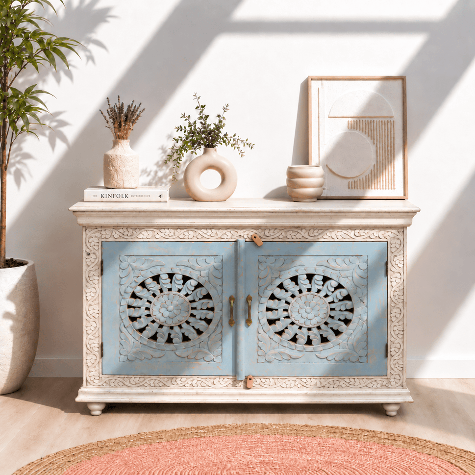 Unique Hand-Carved Mango Wood Sideboard for Villas and Homes