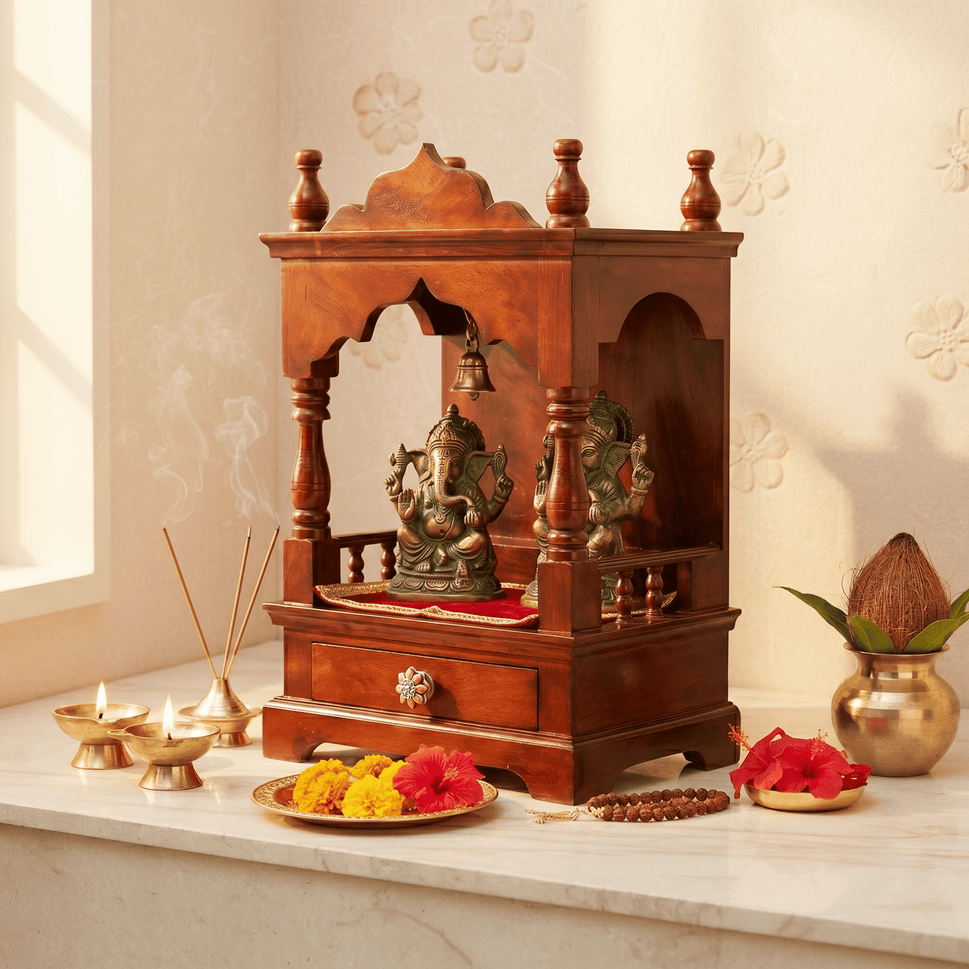 Divine Wooden Home Temple with Traditional Arch Design