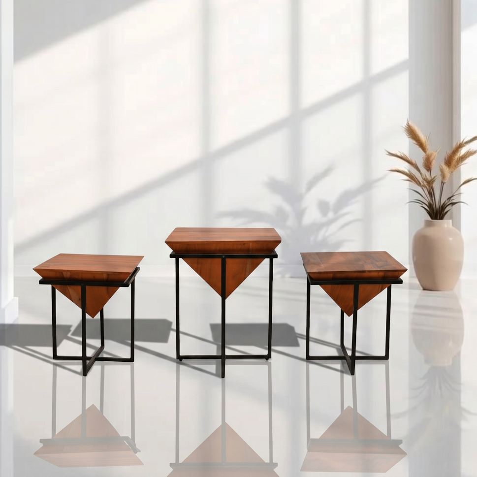 Metal Wood Pyramid Shape End Table set of 3 pcs with Honey Teak Finish | Dubai UAE