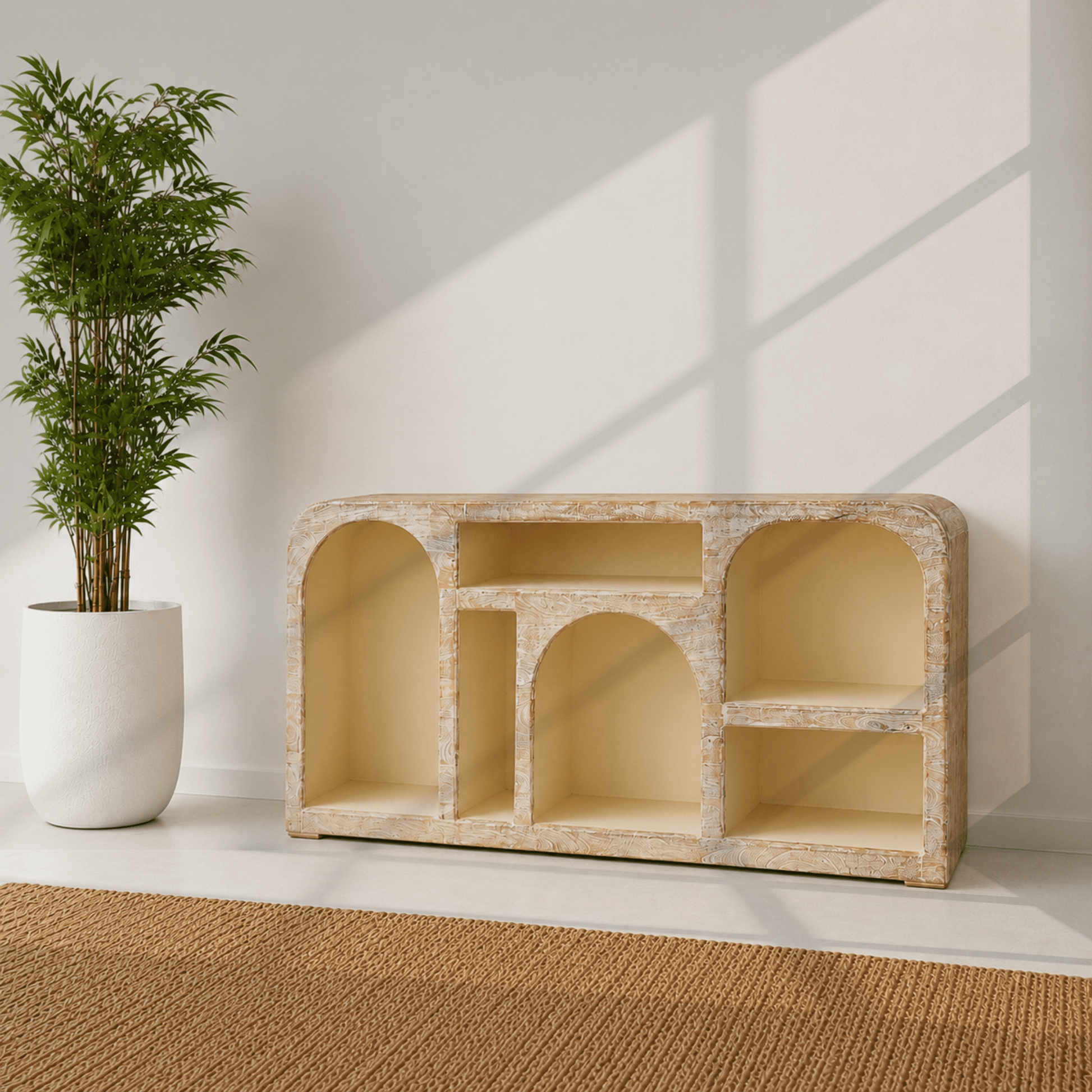 Luxury mango wood arch console table with open display shelves