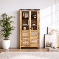 Modern Rustic Solid Mango Wood Glass Display Cabinet