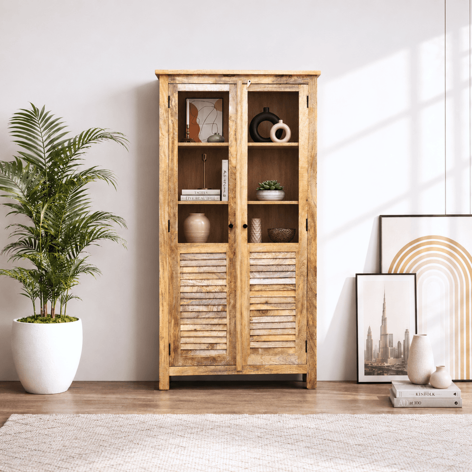 Modern Rustic Solid Mango Wood Glass Display Cabinet