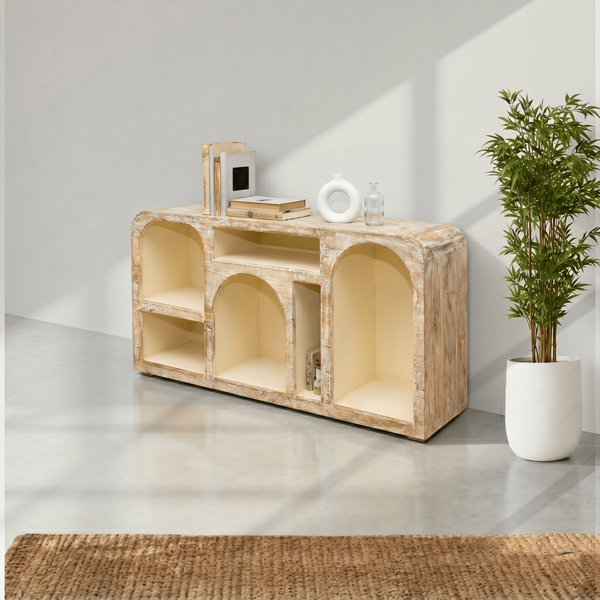 Luxury mango wood arch console table with open display shelves