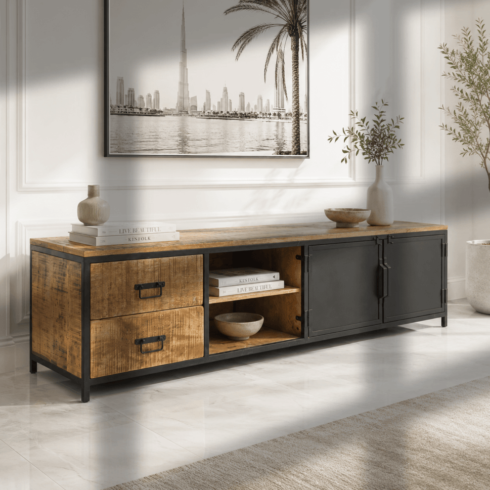Solid Wood TV Bench with Storage Drawers & Shelves