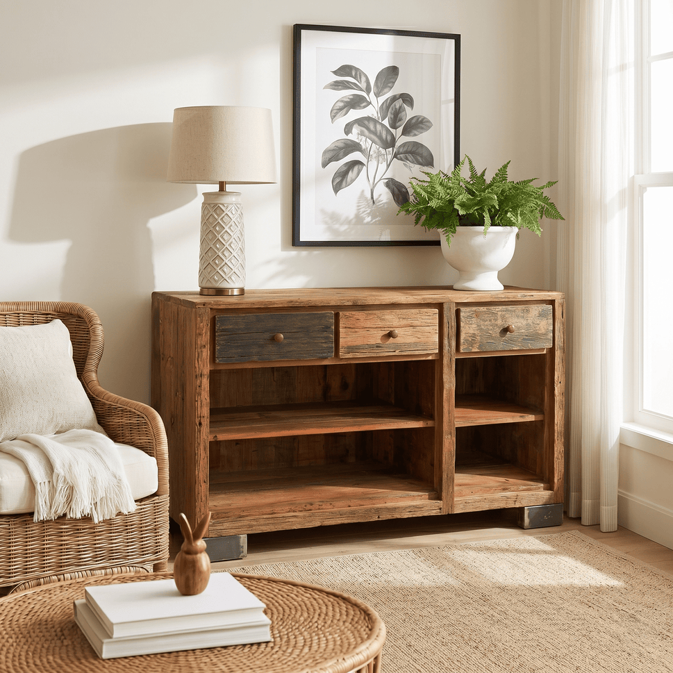 The Verona Reclaimed Wood Vintage Industrial console with open storage unit