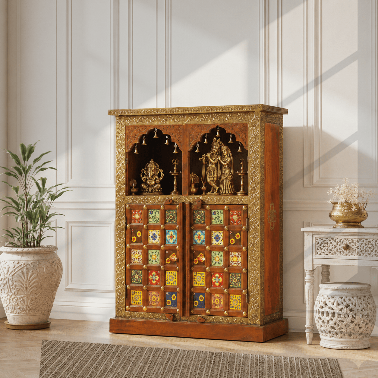Exclusive Handcrafted Solid Wood Temple Cabinet with Mosaic Tile Art