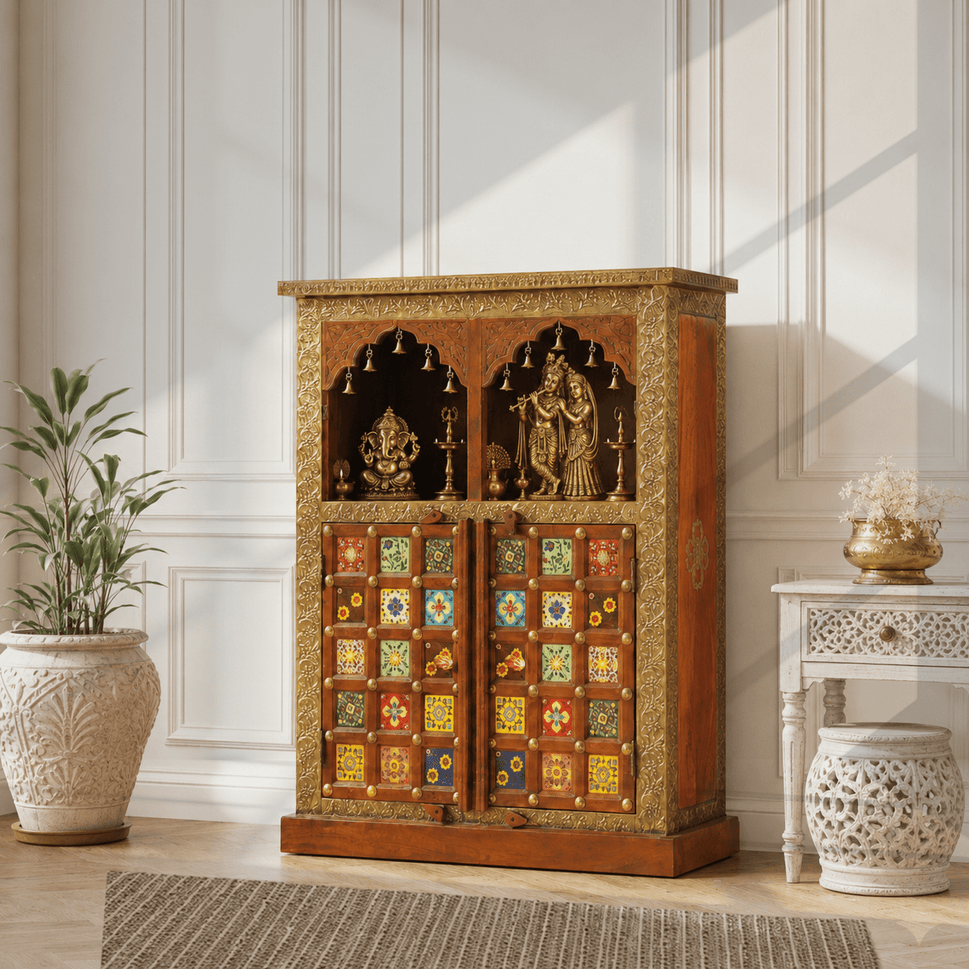 Exclusive Handcrafted Solid Wood Temple Cabinet with Mosaic Tile Art
