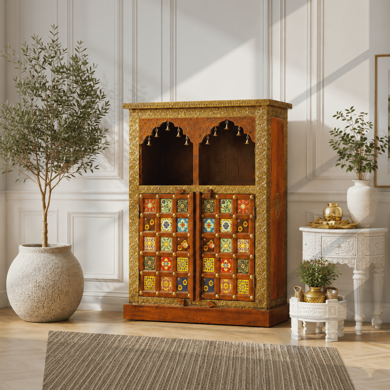 Exclusive Handcrafted Solid Wood Temple Cabinet with Mosaic Tile Art