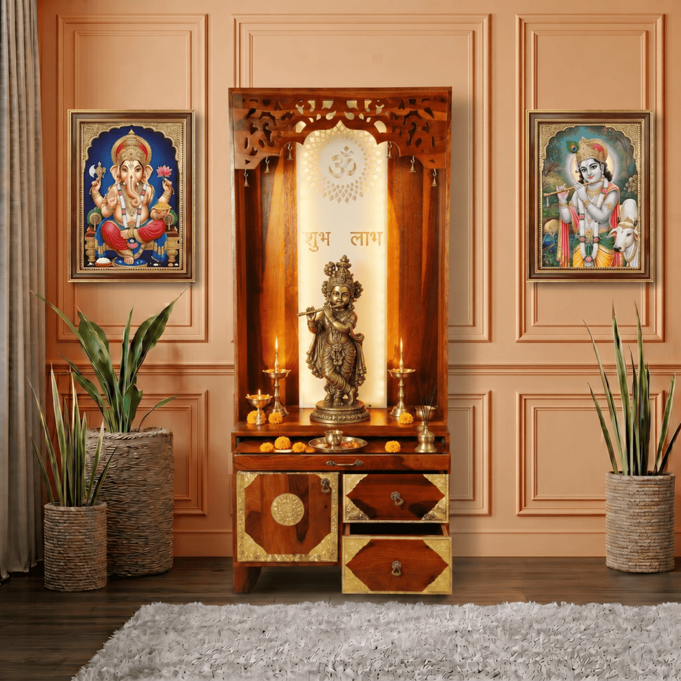 Elegant Solid Wood Devotional Shrine Cabinet with brass work