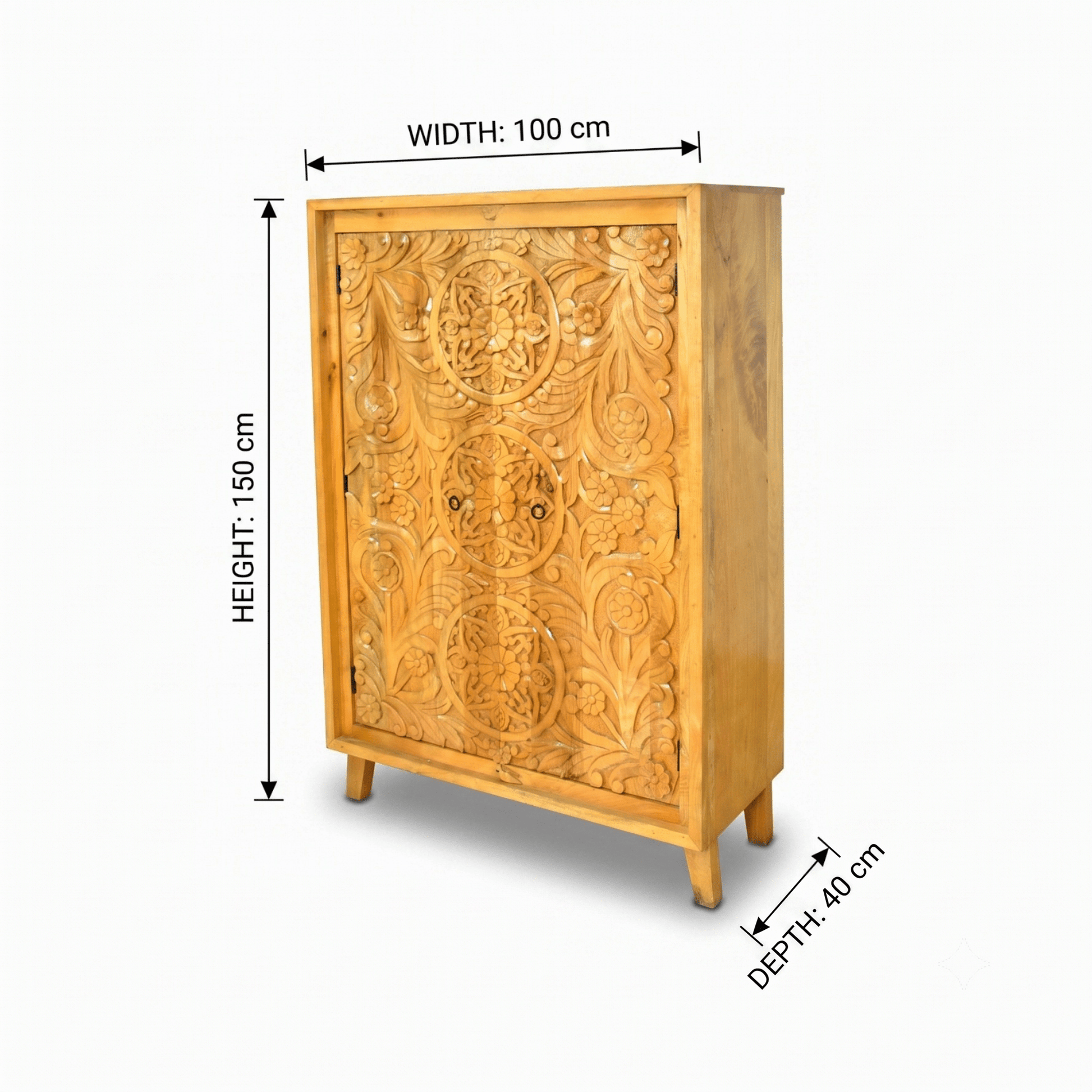 Elegant Hand Carved Mango Wood Accent Cabinet with natural wood finish