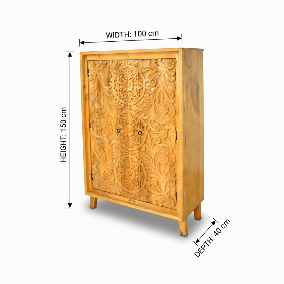 Elegant Hand Carved Mango Wood Accent Cabinet with natural wood finish