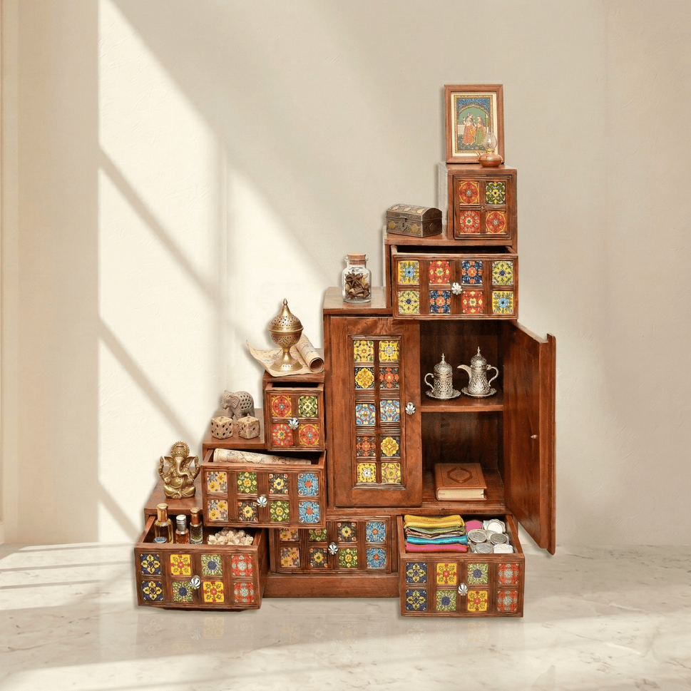 Boho-multi-drawer-apothecary-cabinet-chest-with-multi-color solid sheesham wood