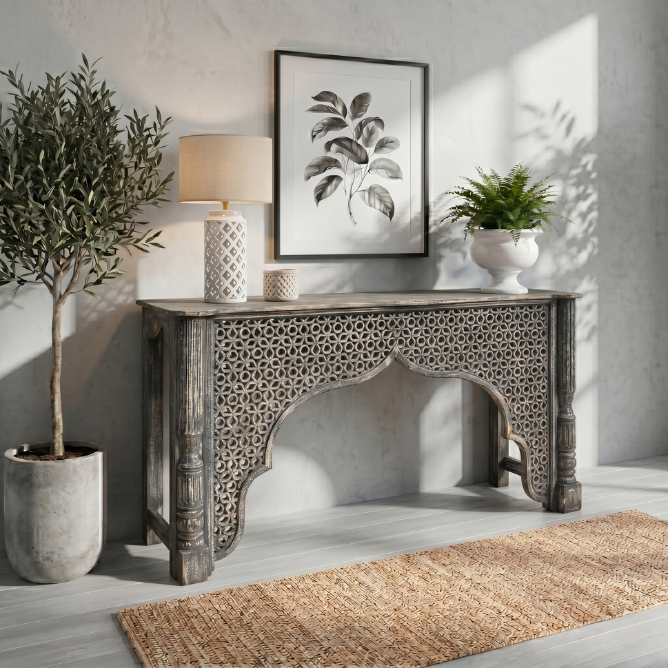 Rustic Carved Wooden Console Table with Moorish Arch Design