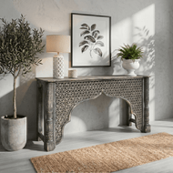 Rustic Carved Wooden Console Table with Moorish Arch Design