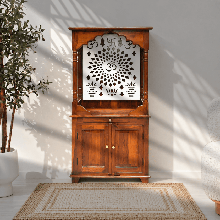natural wood prayer cabinet Abu Dhabi, solid hardwood Hindu home shrine, real wood worship cabinet Sharjah, mango wood deity cabinet,Indian solid wood indoor temple Ajman,