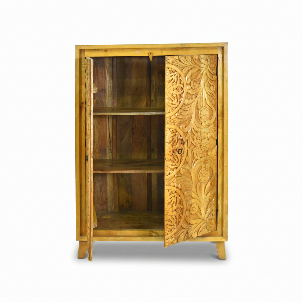 Elegant Hand Carved Mango Wood Accent Cabinet with natural wood finish