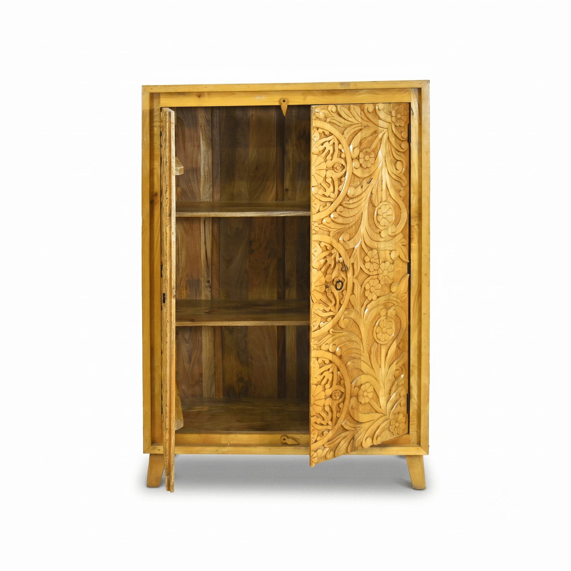 Elegant Hand Carved Mango Wood Accent Cabinet with natural wood finish