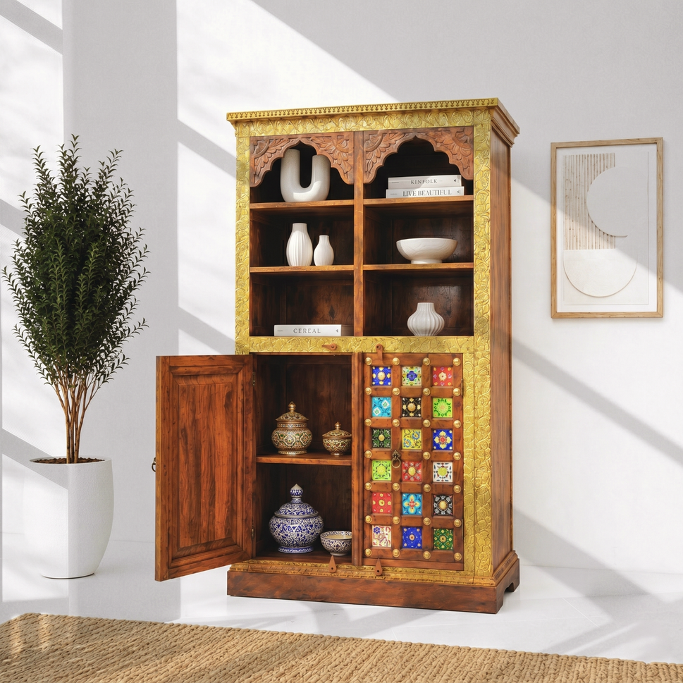 Solid wood ceramics tile fitted bookshelf with natural wood finish