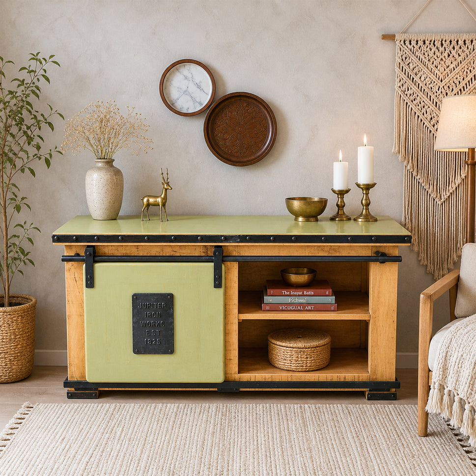 Lunaro solid Wood TV Console Unit with Sliding Door
