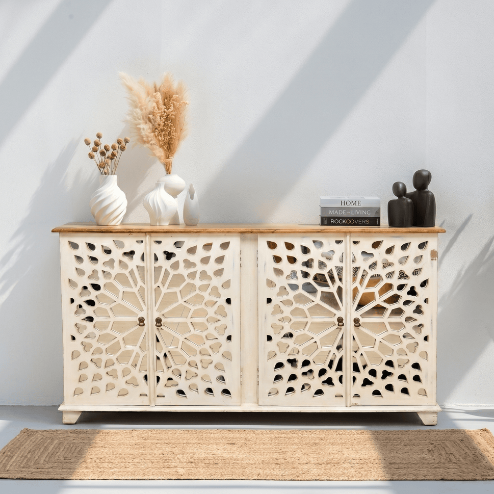 Zahara Hand-Carved Mango Wood Mirror Side cabinet with storage 2 doors